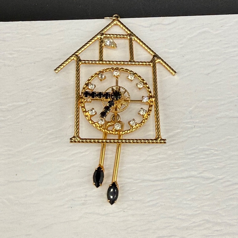 Vintage Estate Clock Brooch Gold Tone Rhinestone Movable Cuckoo Pendant